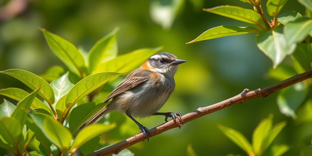a detailed close-up of a small bird perched on a branch, surrounded by lush green leaves, shot with a Canon EOS R5, 85mm f/1.2 lens, aperture set to f/2.8, shutter speed 1/200s, ISO 200, natural sunlight illumination, shallow depth of field, vibrant colors and sharp details.