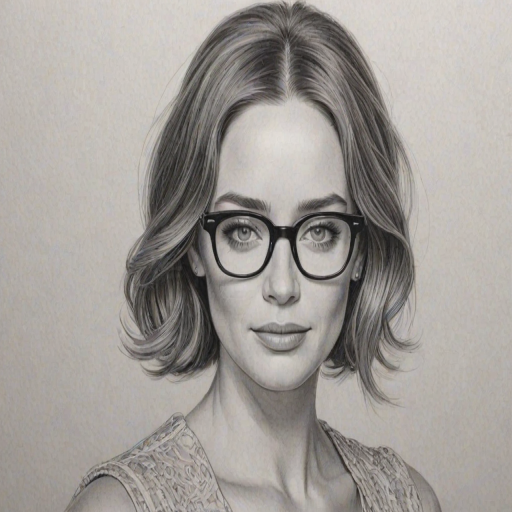 Wonderful Emily Blunt, pencil sketch, portrait of Radiant woman 1960s in glasses, hair style beatnik, outline, clear lines, fine lines, 8k
