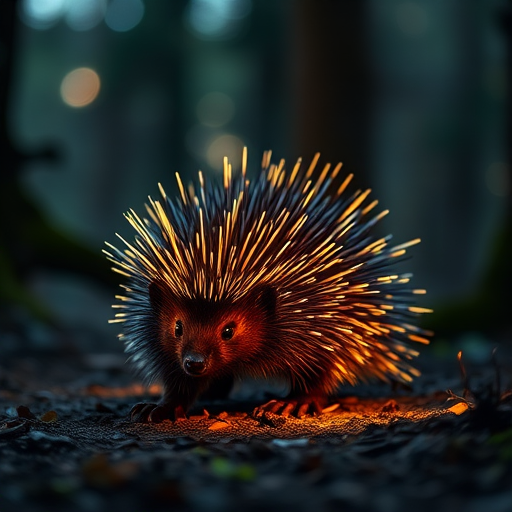 Regenerate the image of a luminous porcupine in a mystical forest environment with soft bokeh background, using a DSLR camera with a 50mm lens, f/1.8 aperture, ISO 200, and natural lighting to enhance clarity and detail.