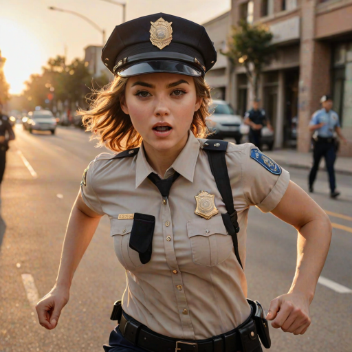 beautiful girl, beautiful face, running, angry,  cute body type, police cap, police, cop, police uniform, Beige, Blunt Cut,   Golden Hour Lighting,  Rule of thirds composition, ultra high res, masterpiece, (photorealistic:1.4), 1girl, cute