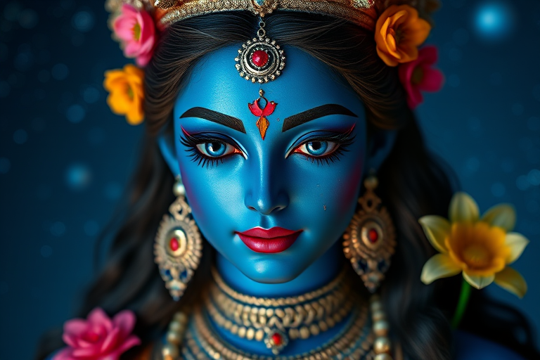 Create a highly detailed portrait of a blue-skinned deity with intricate jewelry and floral accents, set against a starry night background, using a DSLR camera with a 50mm lens, f/1.8 aperture, ISO 100, and a soft focus effect to enhance depth and vibrancy.