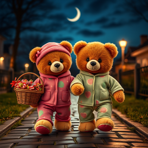 Two cute teddy bears wearing colorful pajamas, one holding a basket of candy, walking together on a cobblestone path under a night sky with a crescent moon, shot with a Canon EOS R5, aperture f/2.8, ISO 200, 24mm lens, soft focus, and high dynamic range.