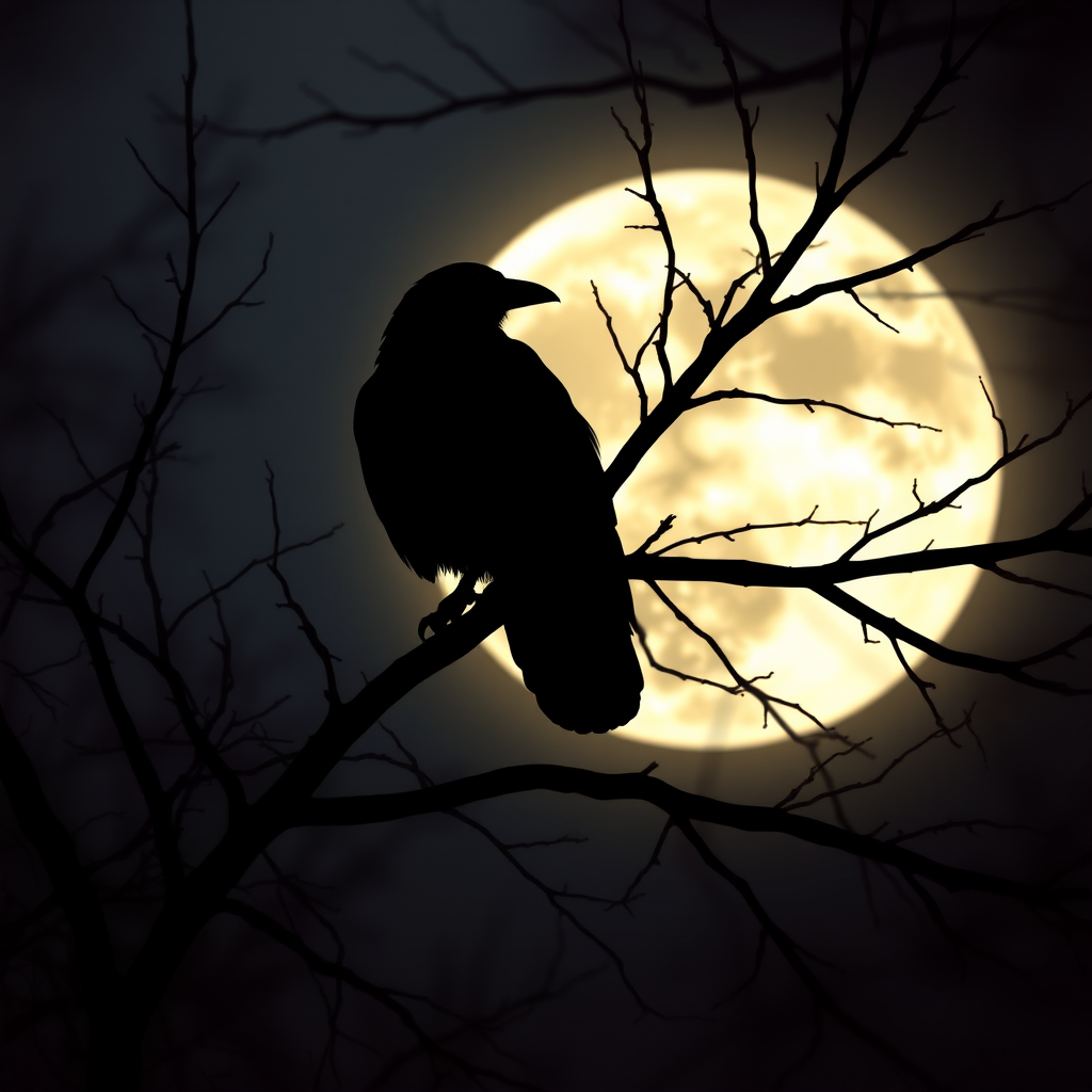 A fantastical photo featuring the silhouette of a crow perched on the branches of a tree, set against the backdrop of a large, luminous moon. Incorporate fantasy elements into the posture of the crow and the shape of the branches, depicting a mysterious scene illuminated by the moonlight on a tranquil night. Use warm tones to enhance the cozy atmosphere of this enchanting and elegant scene. insanely detailed, High contrast and low saturation.