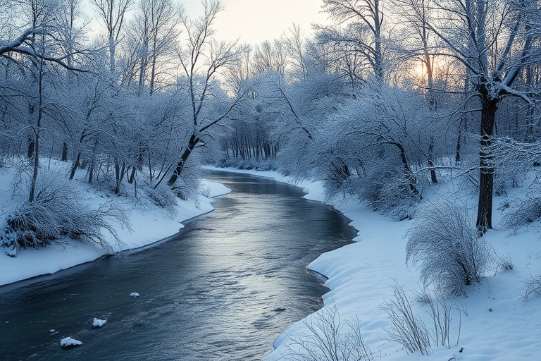 capture a serene winter landscape of a snow-covered river surrounded by frosty trees with soft sunlight filtering through, using a DSLR camera at f/8 aperture, ISO 200, 1/125 sec shutter speed, wide-angle lens at 24mm, natural soft lighting for enhanced details and clarity