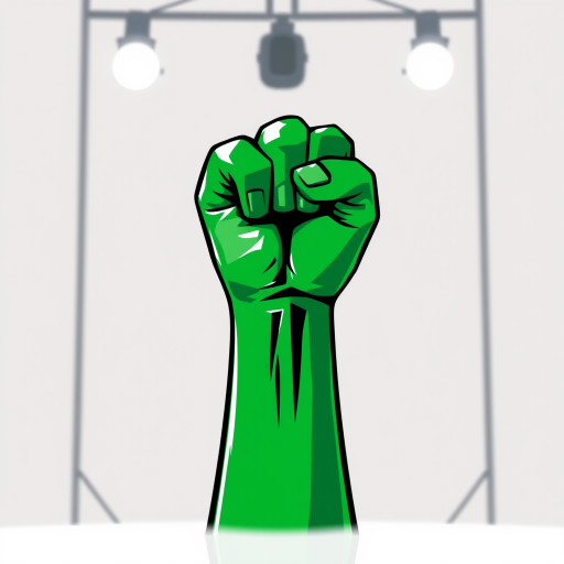 Create an illustration of a stylized green raised fist symbolizing power and resistance, using a vector art style, shot with a Canon EOS R5 at f/8, ISO 100, 50mm lens, and in a bright studio lighting setting.