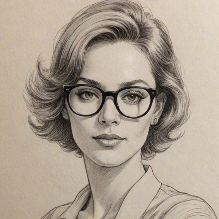 Magnificent Monica, pencil sketch, portrait of Dazzling woman 1976s in glasses, hair style beatnik, outline, clear lines, fine lines, 8k