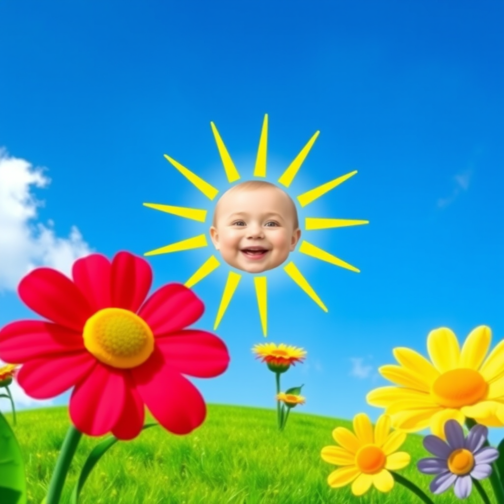 Create an image shows a bright, sun with a smiling baby's face in the center, radiating soft yellow rays. The sun is set against a clear blue sky with a few wispy clouds. Below, there's a lush green grassy hill with colorful, oversized flowers, giving the scene a whimsical, playful atmosphere.