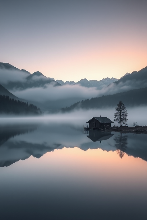 capture a serene landscape of a misty lake surrounded by mountains and forests at dawn, with two silhouetted cabins reflected on the water, using a Nikon D850 with a 35mm f/1.8 lens, aperture f/11, ISO 100, shutter speed 1/200s, in landscape orientation for enhanced clarity and depth