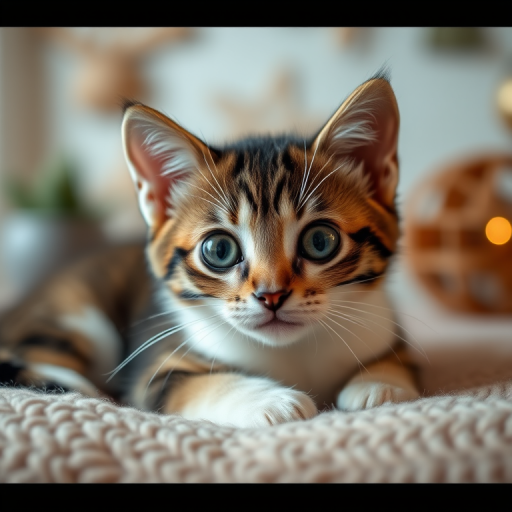 regenerate an image of a cute cat with large eyes resting on a cozy surface, soft focus background with decorative elements, use a DSLR camera, aperture f/1.8, shutter speed 1/200 sec, ISO 200, portrait orientation, natural lighting