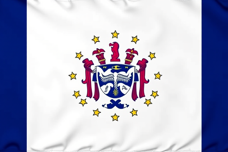 create a high-resolution image of the Indiana state flag with vibrant colors, using a DSLR camera with a 50mm lens at f/8 aperture, ISO 100, and a shutter speed of 1/200 sec, capturing a straight-on view to enhance clarity and detail