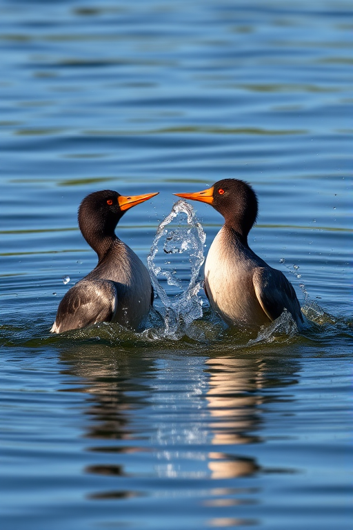 Capture two coots engaging in a splash fight on a calm lake, using a Canon EOS 5D Mark IV, with a 70-200mm lens, aperture set to f/4, shutter speed at 1/500 sec, ISO 400, in natural light to enhance texture and detail in the water and feathers.