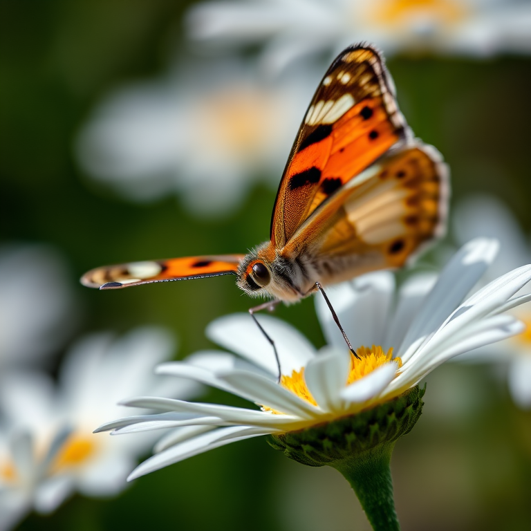 A close-up shot of a butterfly perched on a white daisy, vibrant colors and sharp focus, aperture f/2.8, shutter speed 1/1000s, ISO 200, macro lens, natural light, DSLR camera.
