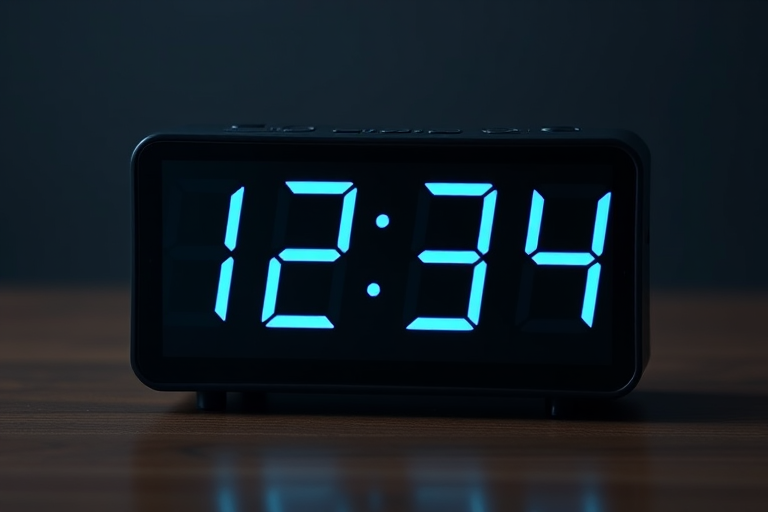 Generate a high-resolution image of a digital clock displaying the time 12:34 with a modern design in a dark, minimalist style, captured with a DSLR camera at f/1.8 aperture, ISO 100, 1/60s shutter speed, using a macro lens from a frontal view to emphasize details.