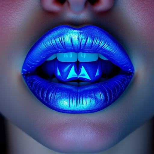 Electric blue holographic lips, titled "Cosmic Frost," showcase a mesmerizing color-shifting effect and a bold, avant-garde appearance