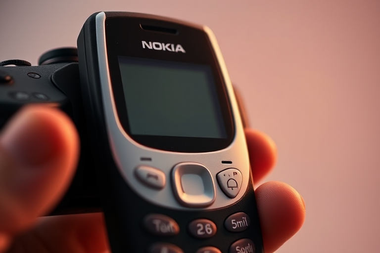 Capture a detailed close-up of a Nokia 3310 mobile phone, using a DSLR camera with a 50mm lens, aperture set to f/2.8, ISO 100, in a well-lit studio environment to enhance clarity and colors, showcasing the keypad and screen clearly.