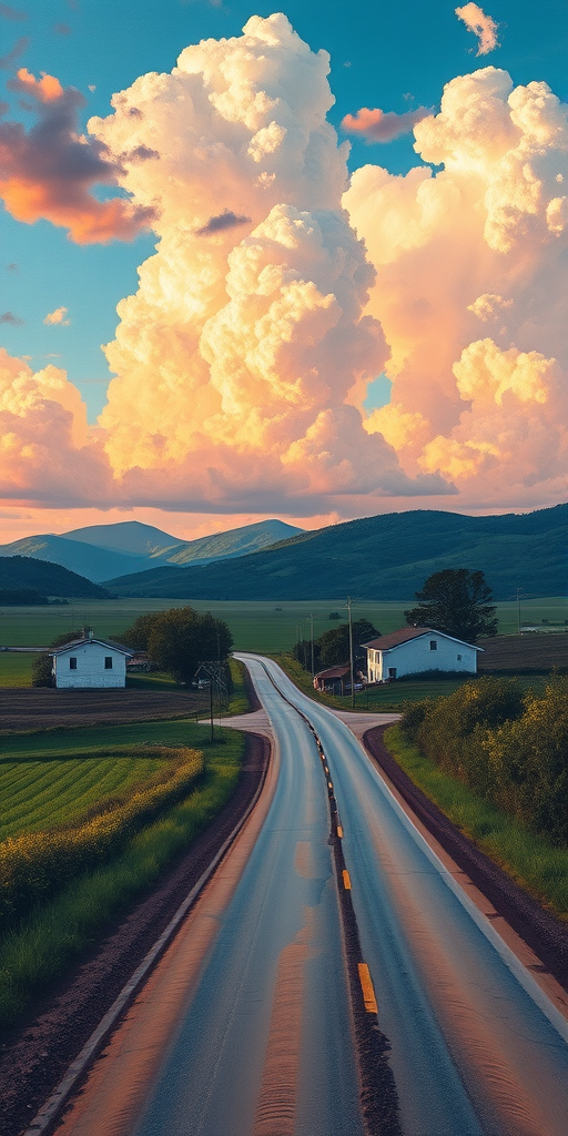 Landscape painting of a rural road with houses on the side, vibrant colors and detailed clouds, captured using a DSLR camera with a 50mm lens, aperture f/8, ISO 100, shutter speed 1/125 sec, natural lighting, wide shot composition.