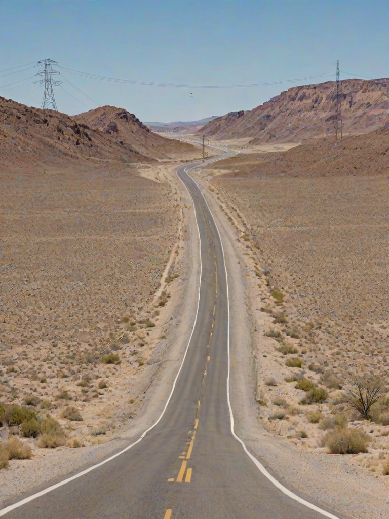 a deserted highway winding through an arid landscape with power lines in the background and a clear blue sky