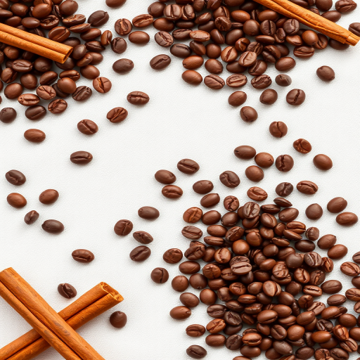 coffee beans and cinnamon sticks scattered on a white fabric background, shot with a Canon EOS R5, 50mm lens, aperture f/1.8, ISO 100, natural lighting, top-down view, high resolution.