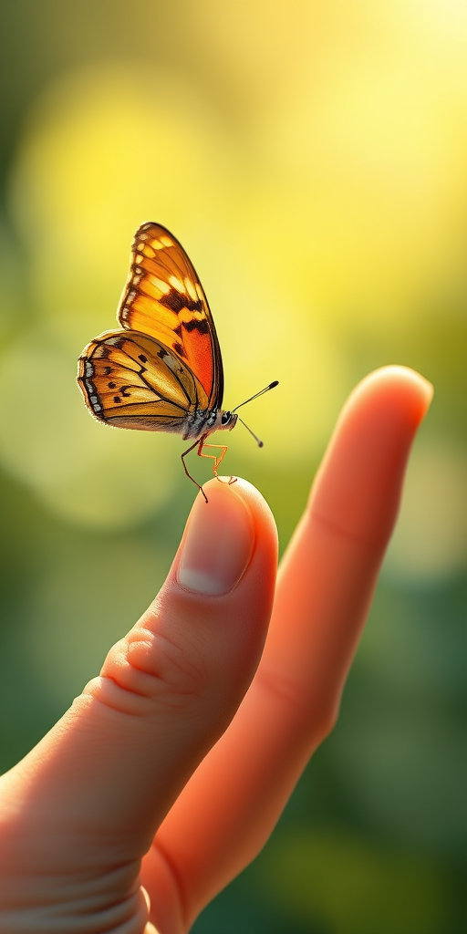 Create a high-resolution digital illustration of a hand gently balancing a small butterfly on its fingertip, using a DSLR camera with a 50mm lens, f/2.8 aperture, ISO 100, captured in a macro view with soft lighting to enhance detail and color vibrancy.