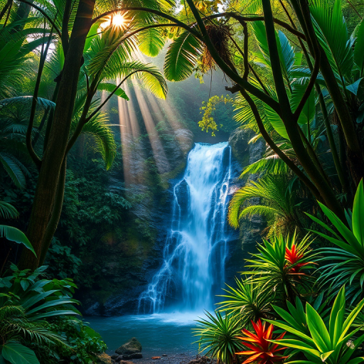lush tropical rainforest with a waterfall, early morning light filtering through trees, vibrant greenery and exotic plants, Canon EOS R5, 24mm lens, f/8, ISO 100, HDR setting, high dynamic range photography