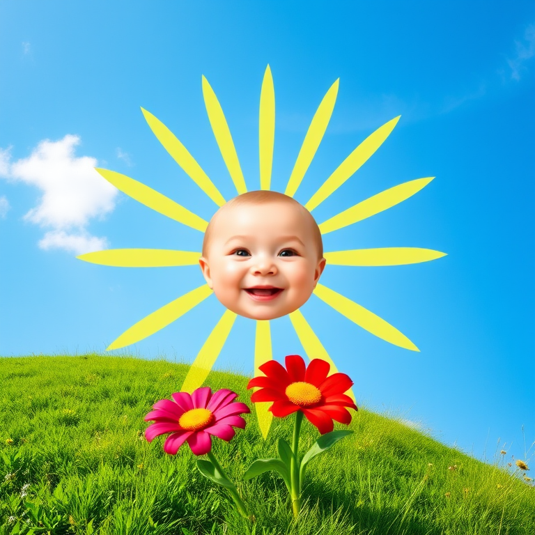 Create an image shows a bright, sun with a smiling baby's face in the center, radiating soft yellow rays. The sun is set against a clear blue sky with a few wispy clouds. Below, there's a lush green grassy hill with colorful, oversized flowers, giving the scene a whimsical, playful atmosphere.