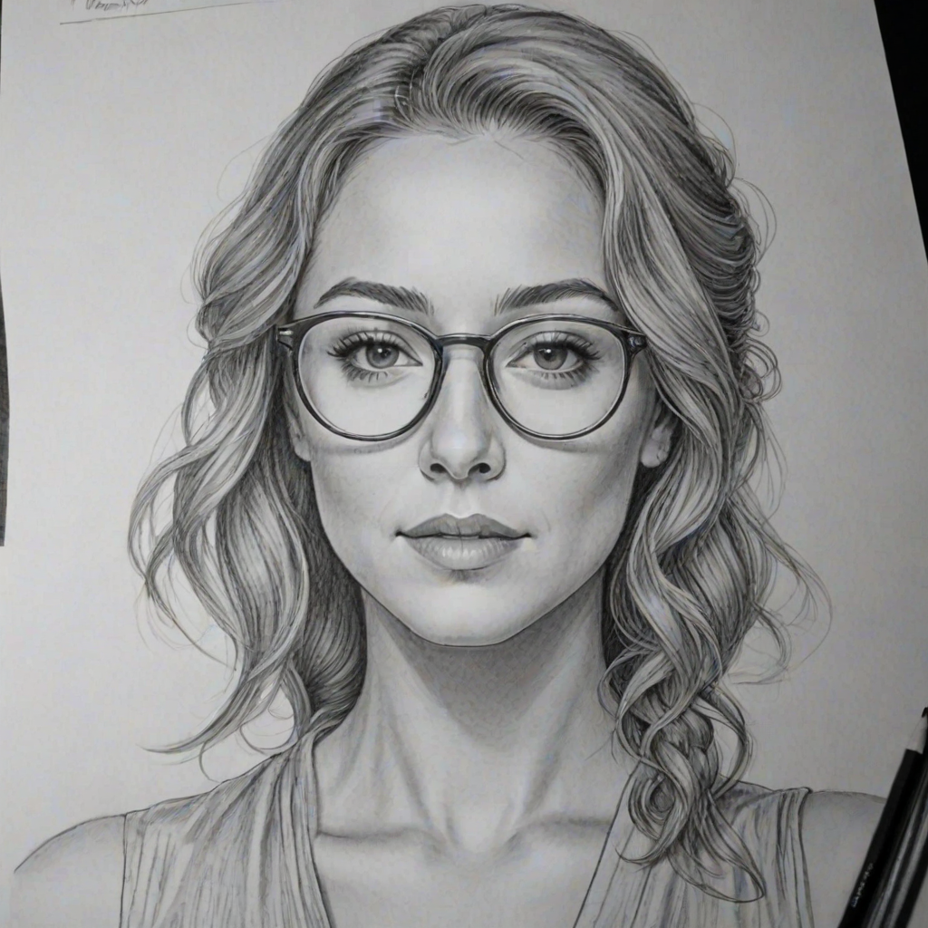 Radiant Alexa Vega, pencil sketch, portrait of Splendid woman 1924s in glasses, hair style beatnik, outline, clear lines, fine lines, 8k