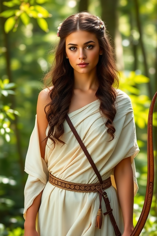 Create a portrait of a goddess-like Native American girl figure in a tranquil, forested environment. She has an elegant appearance with long, wavy hair styled in an updo and adorned with a delicate, floral headband. She wears a flowing, ancient Greek-inspired gown in a soft, pale color, featuring a one-shoulder design and draped fabric that accentuates her graceful form. The outfit includes a decorative belt with ornate gold detailing, and she holds a bow in her hand, with a quiver of arrows slung over her shoulder. The background depicts lush greenery, with sunlight filtering through the trees, casting a gentle, ethereal light on the scene. Her expression is calm and contemplative, embodying a sense of wisdom and serenity.