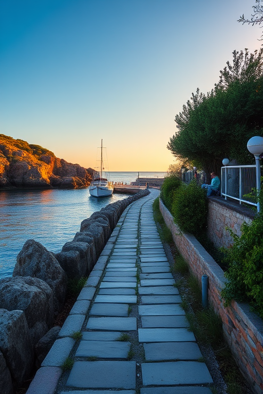 Regenerate a high-resolution image of a scenic waterfront pathway lined with rock formations and greenery, featuring a boat docked in the background under a clear blue sky, captured with a DSLR camera, aperture f/8, ISO 200, shutter speed 1/250s, wide-angle lens, taken at golden hour for enhanced warmth and clarity.