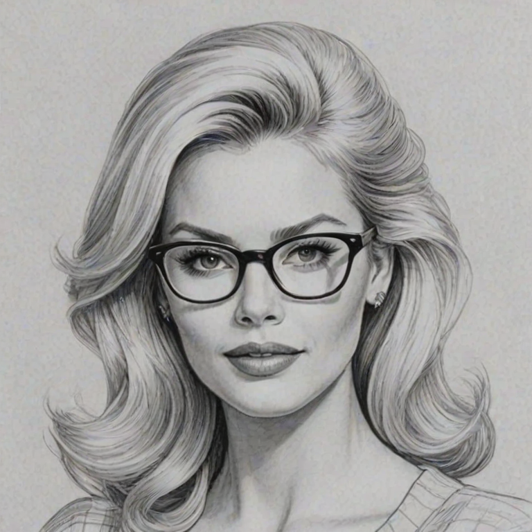 Radiant Gena Lee Nolin, pencil sketch, portrait of Charming woman 1953s in glasses, hair style beatnik, outline, clear lines, fine lines, 8k