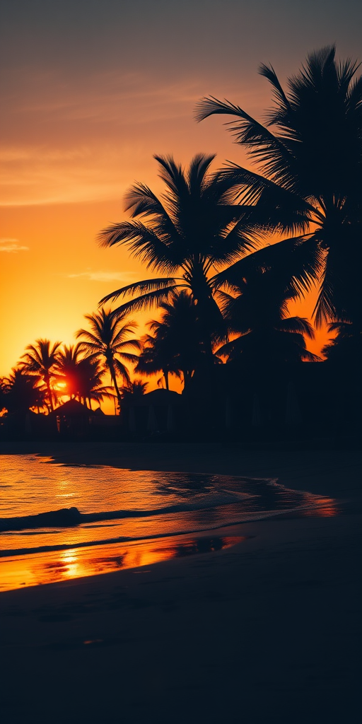 sunset at a tropical beach with silhouetted palm trees and beach umbrellas, warm orange and yellow hues reflecting on the water, 50mm lens, f/1.8 aperture, ISO 200, shot at sunset, DSLR camera, low angle view for dramatic effect