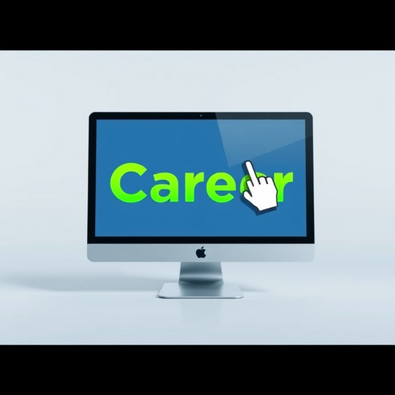create a digital illustration of a modern computer monitor displaying the word "Career" in bold green font, with a stylized hand icon touching the screen, use a 50mm lens, aperture f/2.8, ISO 100, shot in a clean studio setting with soft lighting for enhanced clarity and vibrancy.