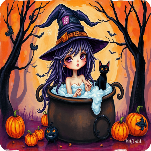 sketch airbrushed, acrylic,a playing card  depicts a Halloween fantasy themed , an adorable whimsical gothic witch with messy purple hair, a patched witch hat, taking her bath sitting in a cauldron, bats, cobwebs, a black cat, in a whimsical forest, a dazzling BG in shades of orange, purple,