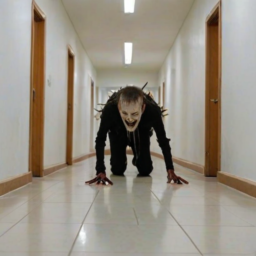 a crooked male with long arms and a creepy smile is crawling along a long white corridor and you can also see cockroaches in it there is a creepy atmosphere creepy art style