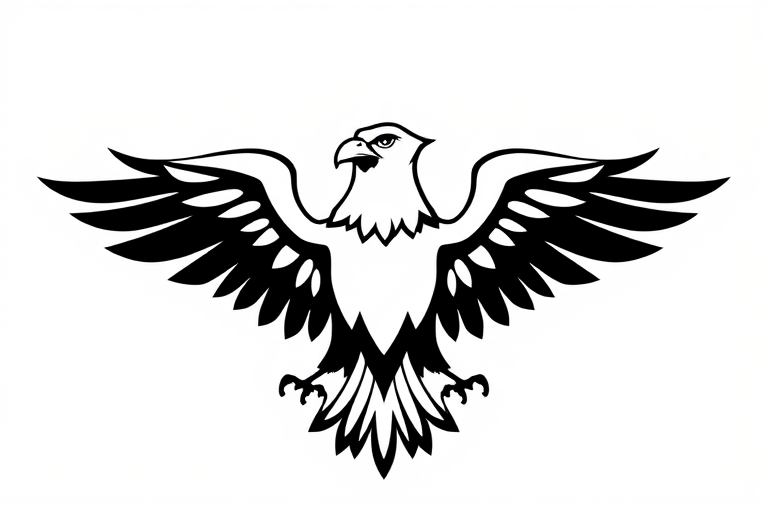Create a high-resolution monochrome logo featuring a stylized eagle with outstretched wings, set against a clean white background, captured with a DSLR camera at f/4 aperture, 50mm lens, ISO 100, with natural light and slight vignette effect to enhance depth and clarity.