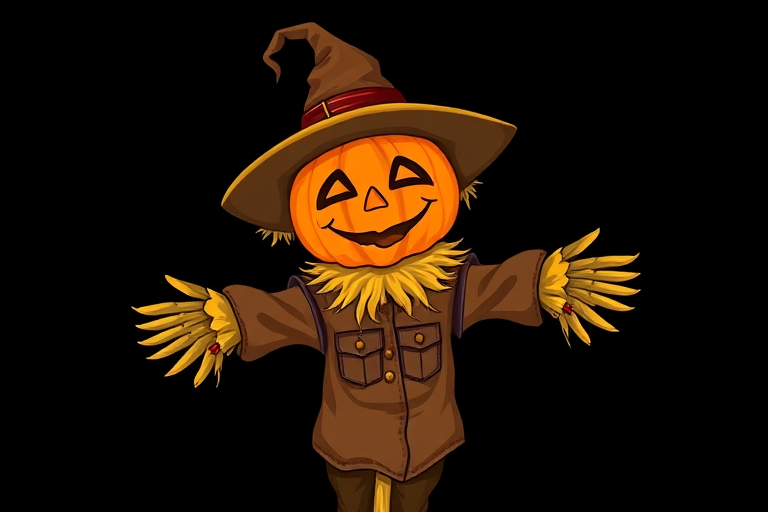 Create a digital illustration of a whimsical scarecrow with a jack-o'-lantern head, wearing brown attire and a straw collar, standing in a friendly pose against a black background, shot with a digital camera at f/2.8, ISO 100, 50mm lens, in vibrant colors and high contrast for clarity and detail.