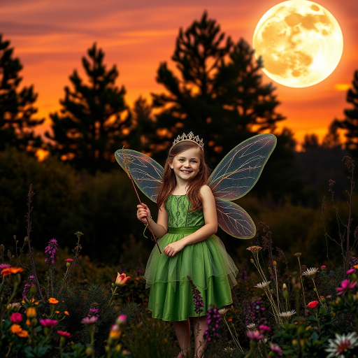 A vivid photo  taken under a bright camera flash of a fantastical scene set against a backdrop of a forest during sunset. The main subject is a girl dressed as a fairy, adorned with translucent wings and a green dress, holding a wand, her face is happy, and she wears a crown on her head. The forest behind her is a blend of flowers, shrubs and trees. The sky is painted in hues of orange and pink, with a large, glowing moon casting a warm glow over the scene. The overall color palette is dominated by earthy tones.
