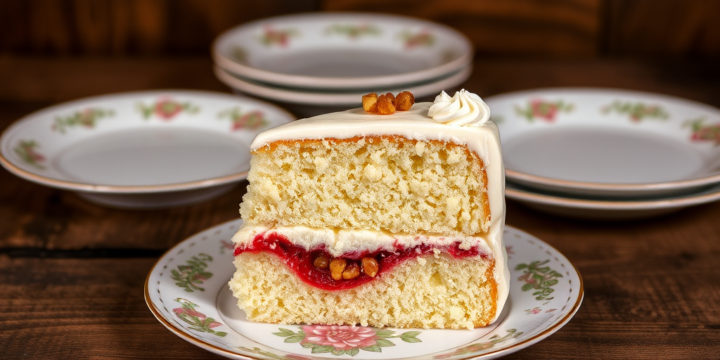 A slice of white cake on a decorative plate with a layer of red filling and crushed nuts in the middle, topped with white frosting, set against a wooden background with additional plates in the background.