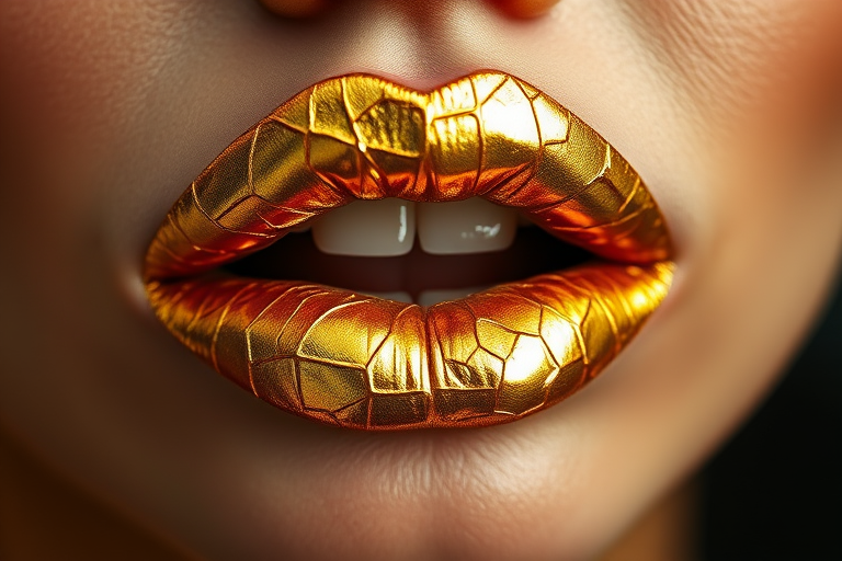 Glamorous gold leaf lips showcase intricate metallic patterns, creating a luxurious and artistic statement that gleams in the light
