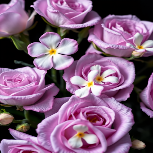 High-quality close-up of lavender roses with white jasmine flowers on a black background, macro lens, f/2.8 aperture, 100mm focal length, natural soft lighting, DSLR camera.