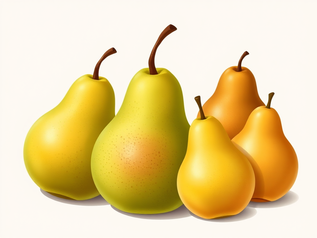 Create a detailed illustration of various pears, showcasing a green pear, a red-tinged green pear, and yellow and brown pears, with soft lighting and a light background for contrast, using a DSLR camera with a 50mm lens, aperture f/2.8, ISO 100, and a shallow depth of field.