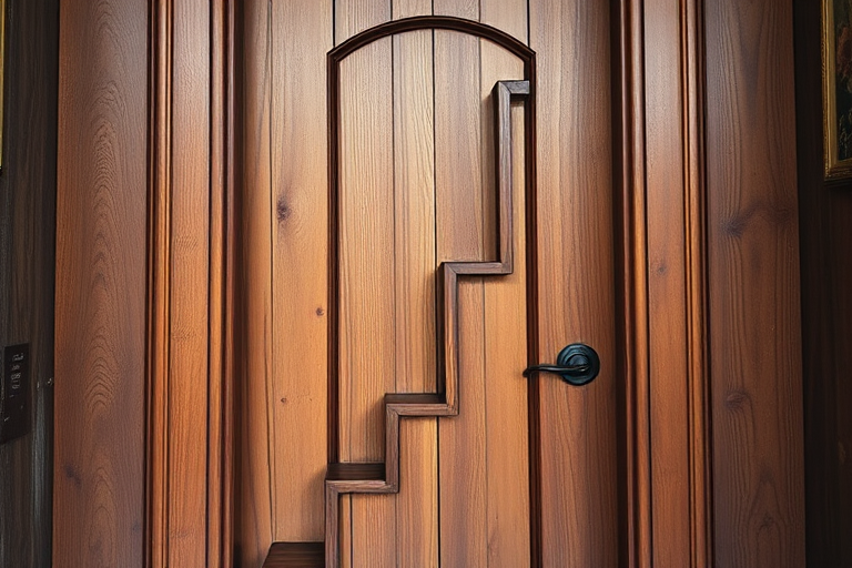 Create an image of a wooden door with an upward staircase carved into it, using a DSLR camera with a 50mm lens, f/2.8 aperture, ISO 100, natural lighting, with a shallow depth of field to enhance focus on the door's details.