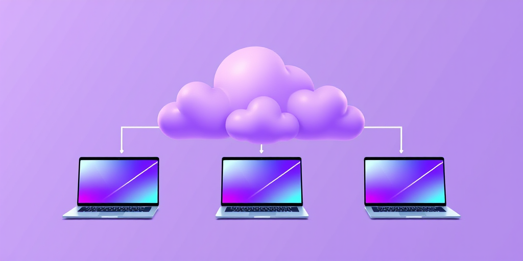 illustration of three laptops connected to a large cloud, incorporating sleek modern design, with soft purple hues for the cloud, high resolution, 50mm lens, ISO 100, f/2.8 aperture, top-down view, digital art style