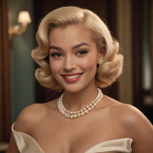 A beautiful Creole woman reminiscent of 1950s Hollywood glamour, with perfectly styled blonde hair and a seductive smile, dressed in a satin blouse and adorned with pearls, soft and warm tones, photorealistic, 8K