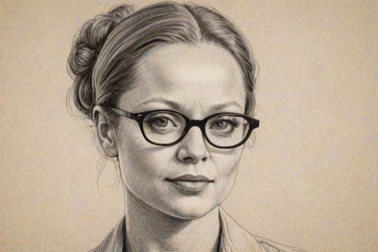 Captivating Samantha Morton, pencil sketch, portrait of Charming woman 1970s in glasses, hair style beatnik, outline, clear lines, fine lines, 8k