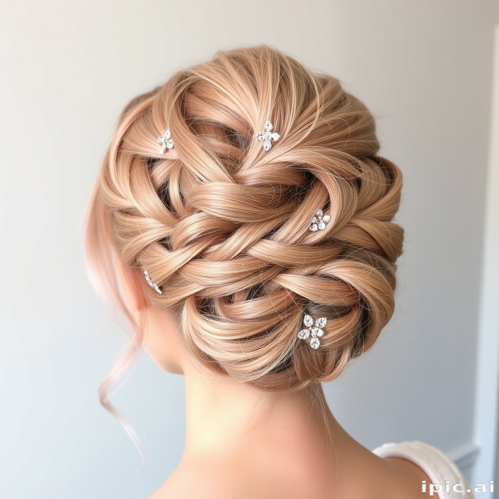 Ethereal rose gold fairy floss updo with intricate braided crown and delicate wisps, adorned with shimmering crystal hair pins for enchanting sparkle