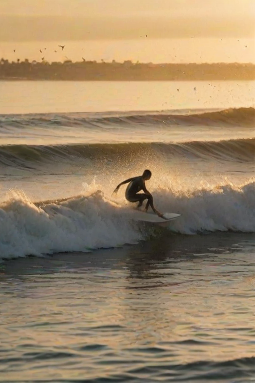 Blurry action shot of a surfer riding a wave at sunset, water splashing up around them, golden light reflecting off the ocean, distant seagulls flying overhead, and the sound of crashing waves filling the scene.