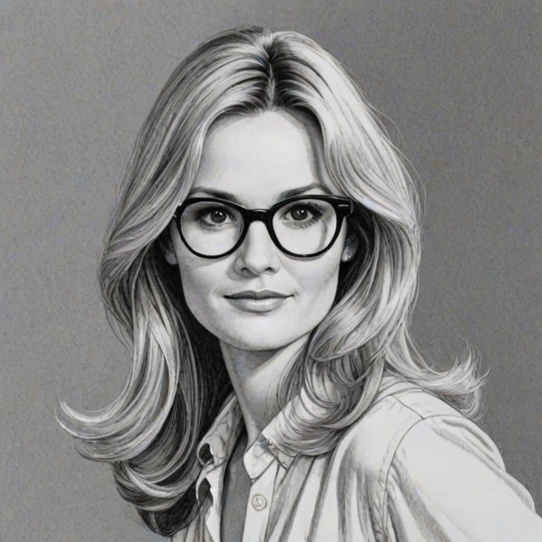 Charming Bonnie Somerville, pencil sketch, portrait of Lovely woman 1970s in glasses, hair style beatnik, outline, clear lines, fine lines, 8k