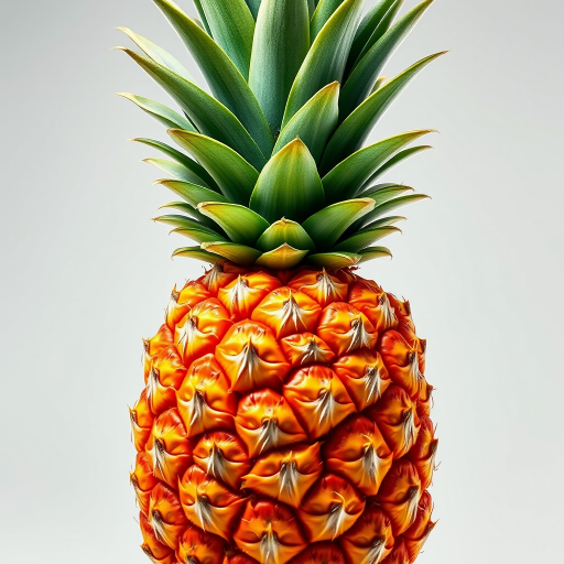 Create a vibrant illustration of a pineapple with detailed green leaves and textured yellow skin, captured with a Canon EOS R5 at f/2.8, ISO 100, and a 50mm lens in a studio setting with soft lighting.