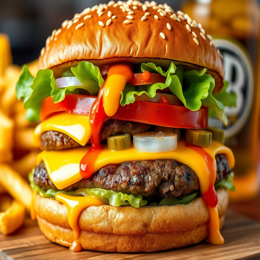 High-resolution, close-up image of a gourmet double cheeseburger. The burger features a glossy, sesame-seed-topped brioche bun. Inside, there are two thick, juicy beef patties, each topped with melted cheddar cheese. The burger is garnished with fresh lettuce, tomato slices, diced onions, and pickles. A generous amount of ketchup and a creamy, orange-colored sauce is dripping down the sides, adding to the mouth-watering appeal. In the background, there are blurred elements including a side of golden French fries and a hint of a beverage, enhancing the overall presentation of a delicious meal.