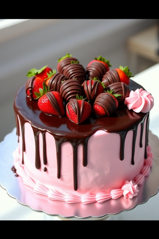 A delicious round cake with a light pink frosting base drizzled with dark chocolate ganache topped with chocolate-covered strawberries and decorative swirls of pink frosting on the sides placed on a silver cake stand in a bright setting.